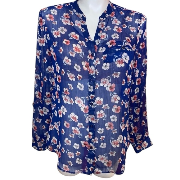 KUT FROM THE KLOTH Floral Button Down Blouse with Mandarin Collar in Blue Size L - Picture 2 of 11